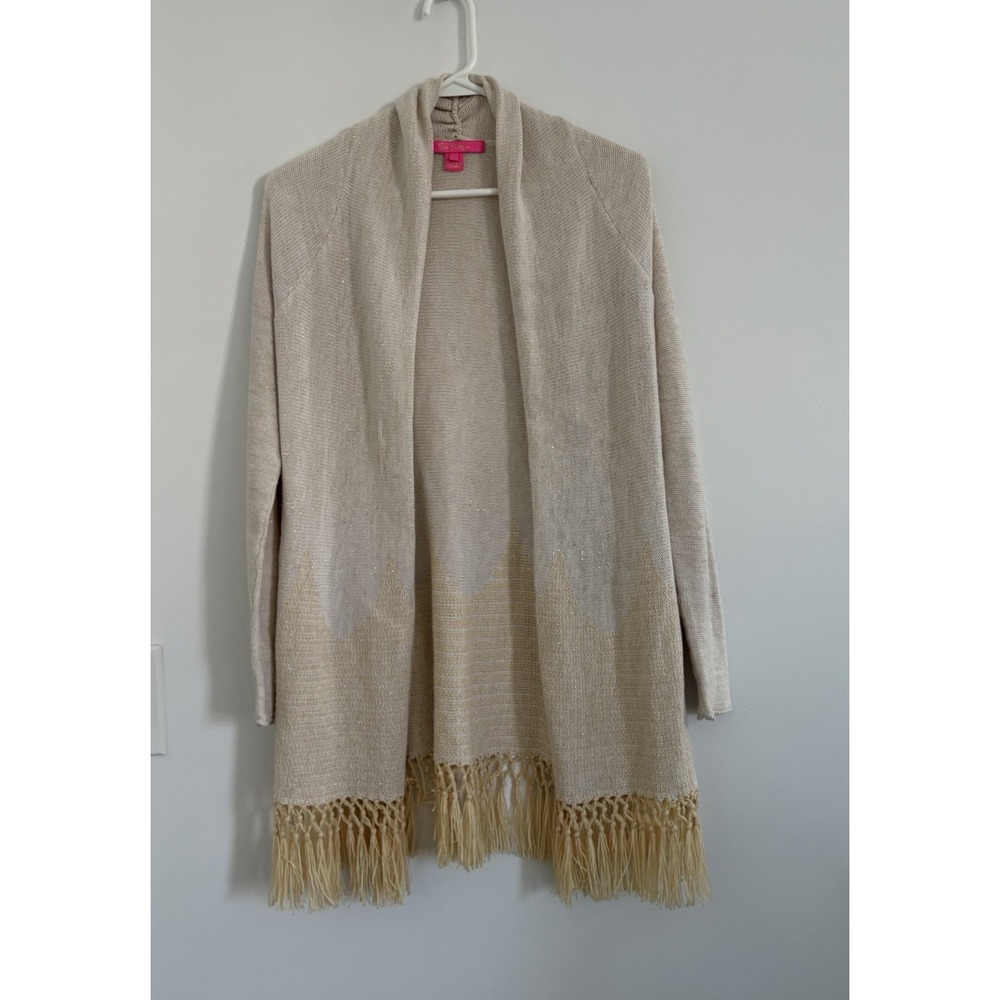 Lilly Pulitzer Tatum Long Fringe Hem Open BeigeGold Strings Sweater/Cardigan SzS - Picture 2 of 13